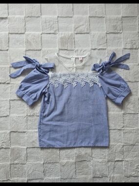 Blue Stripe Lace-Yoke Cold-Shoulder Top with Bow Ties